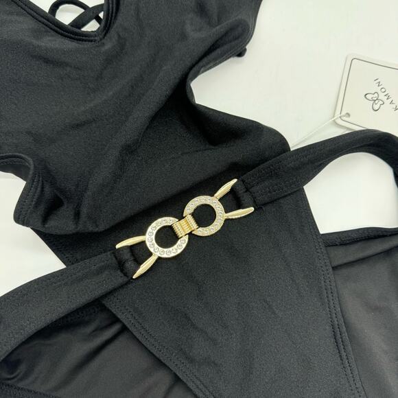NWT KAMONI Blk Plunge Belted Cut Out Back Tie High Cut Cheeky One Pc. Swimsuit M - Picture 8 of 16